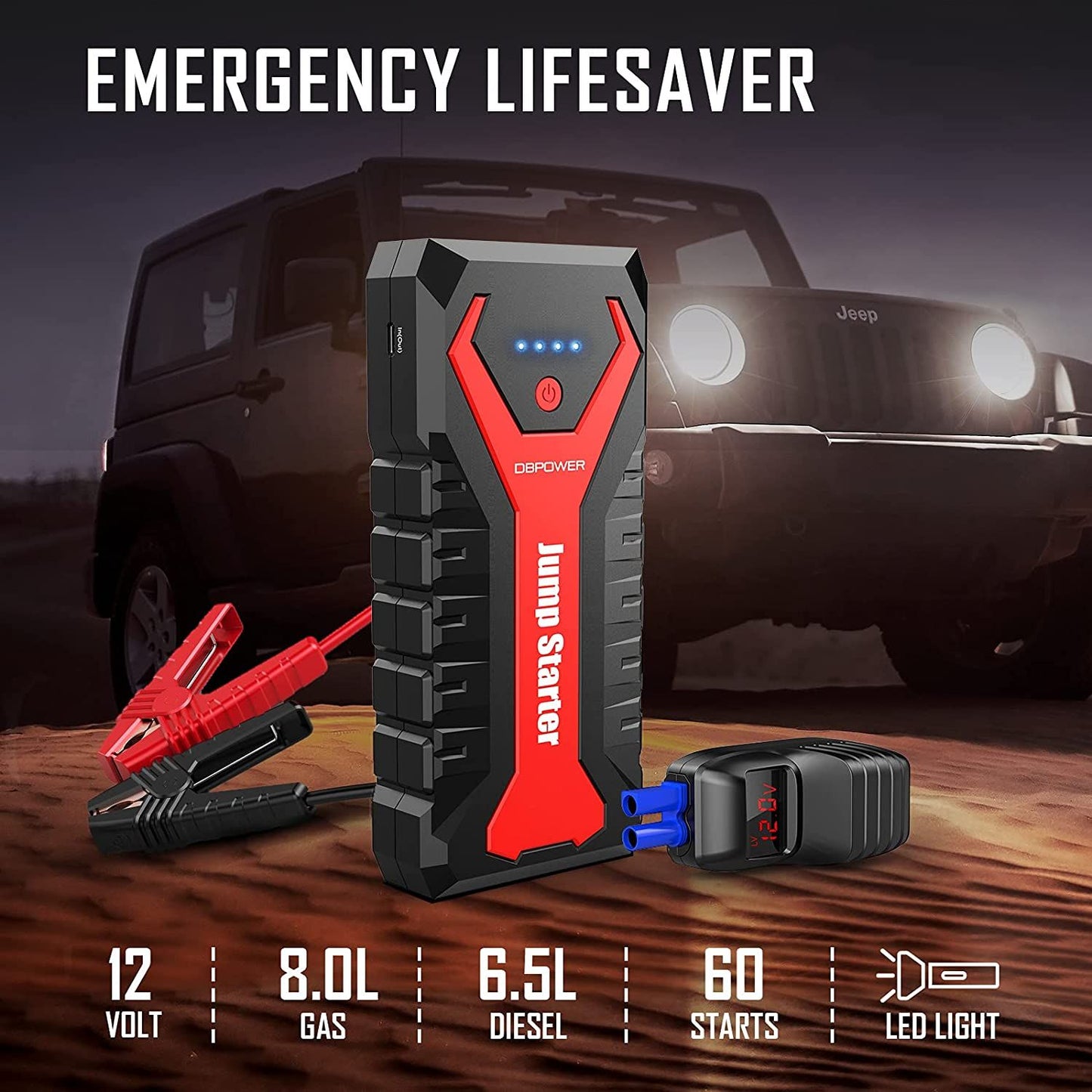 DBPOWER G16 2000A 20800mAh Portable Car Jump Starter(UP to 8.0L Gas/6.5L Diesel Engines) 12V Auto Lithium-Ion Battery Booster with Smart Clamp Cables, Quick Charge, and LED Flashlight