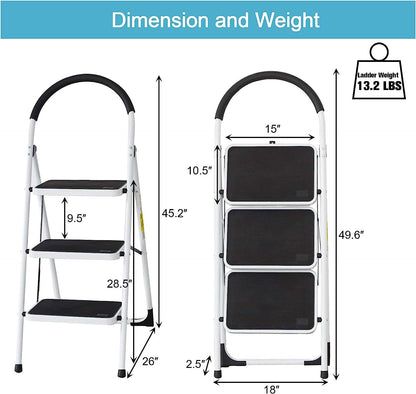 Portable Anti-Slip 3 Step Ladder Folding Lightweight Steel Step Stool Platform 330LBS Capacity