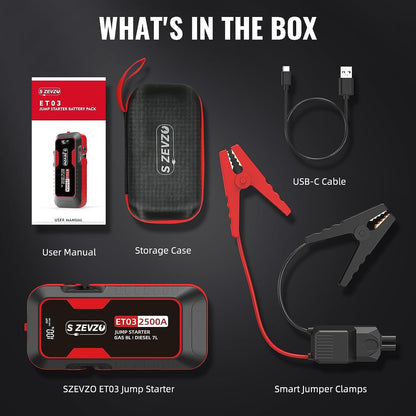 S ZEVZO ET03 Car Jump Starter 2500A Jump Starter Battery Pack for Up to 8.0L Gas and 7.0L Diesel Engines, 74Wh Portable 12V Jump Box with USB Ports, LCD Display, Storage Case, and LED Light