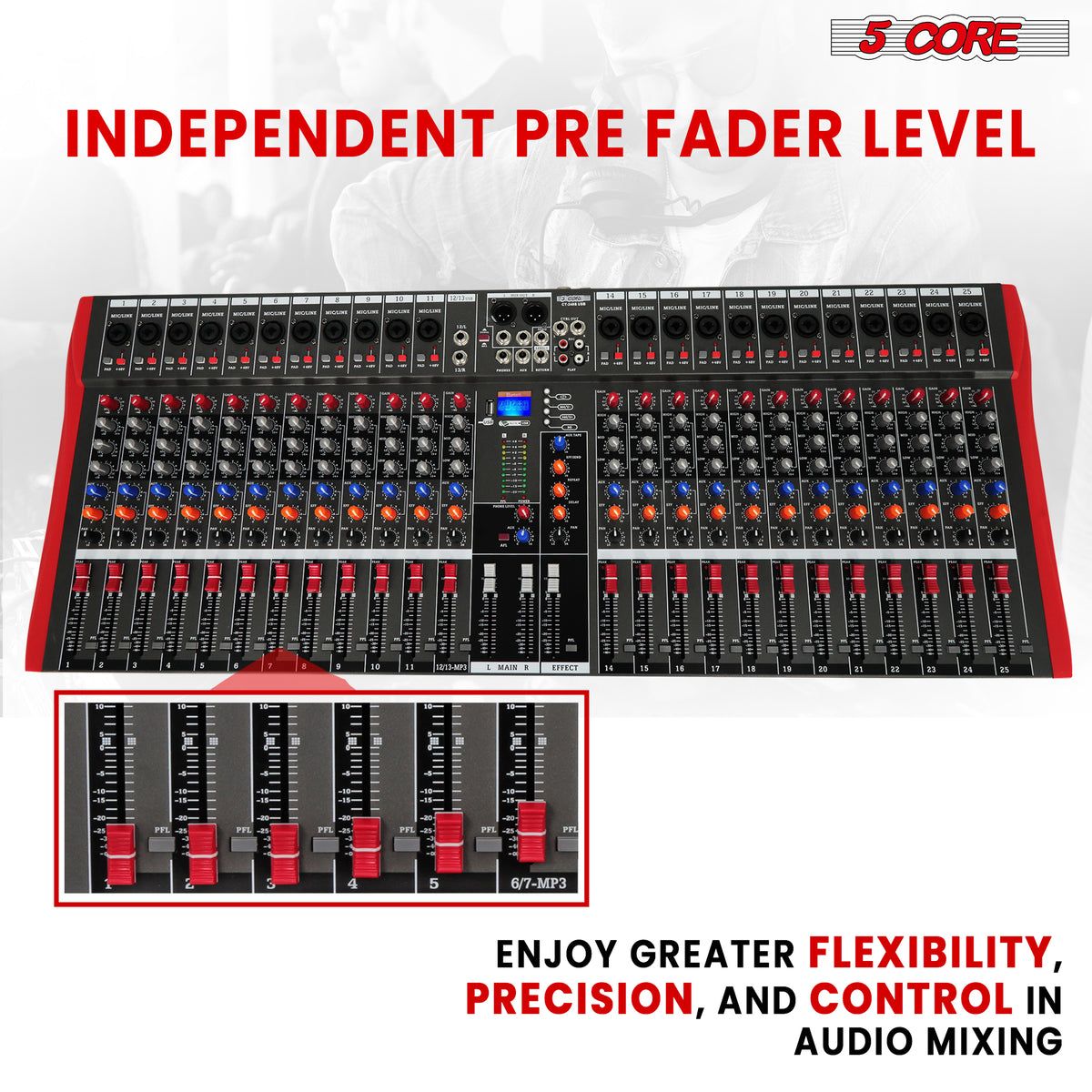 5 Core Audio Mixer 24 Channel DJ Sound Board w Bluetooth USB PC Recording