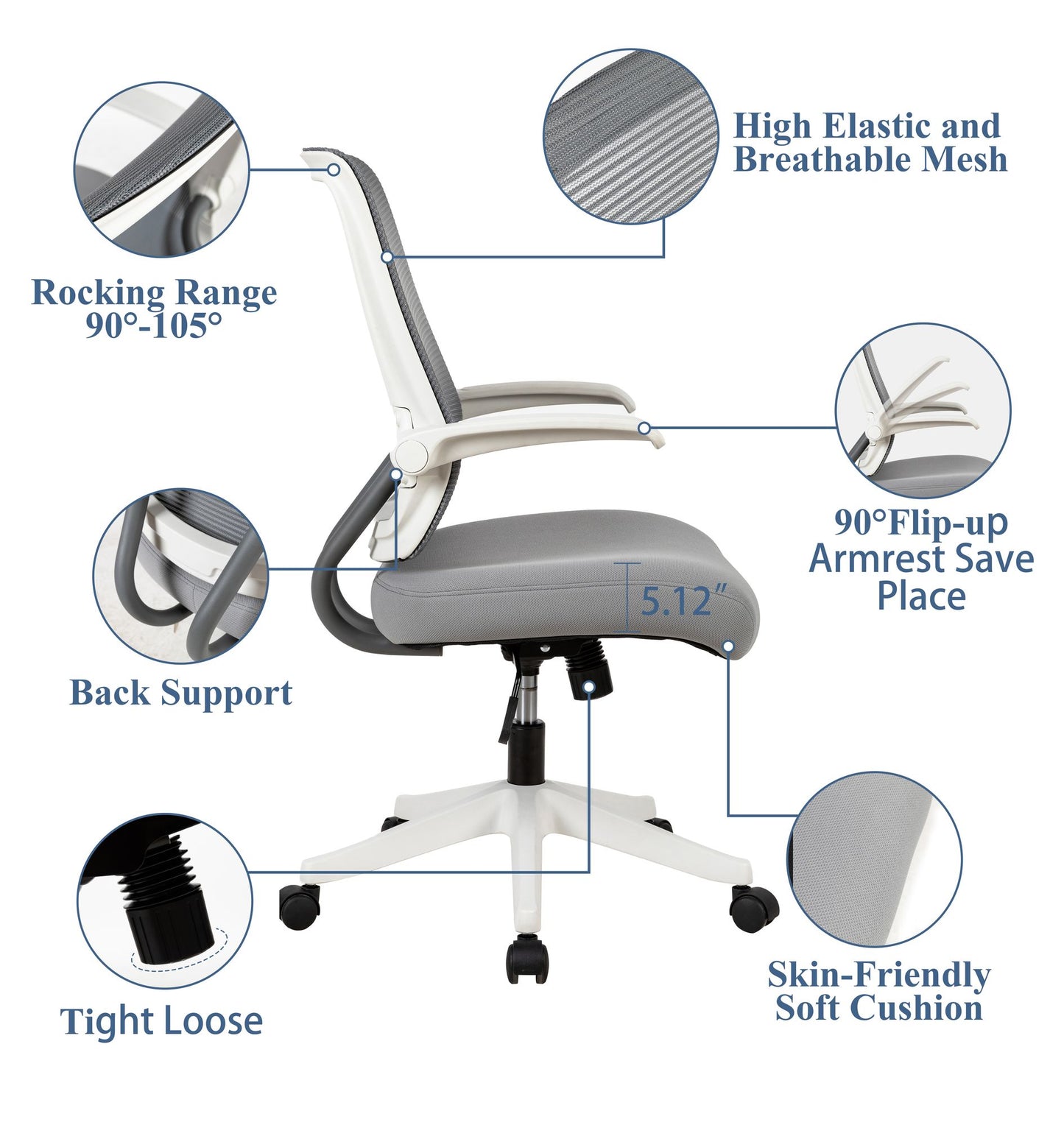 Ergonomic Mid-back Office Chair with Flip-up Armrest,360° Silent Wheels