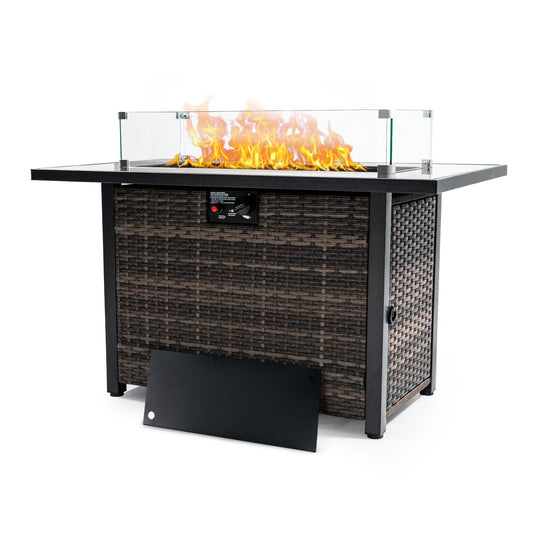 Outdoor Fire Pit 50,000 BTU Propane Gas Fire Table with Lid Fireplace with Glass Wind Guard Wicker Base for Garden, Patio, Backyard