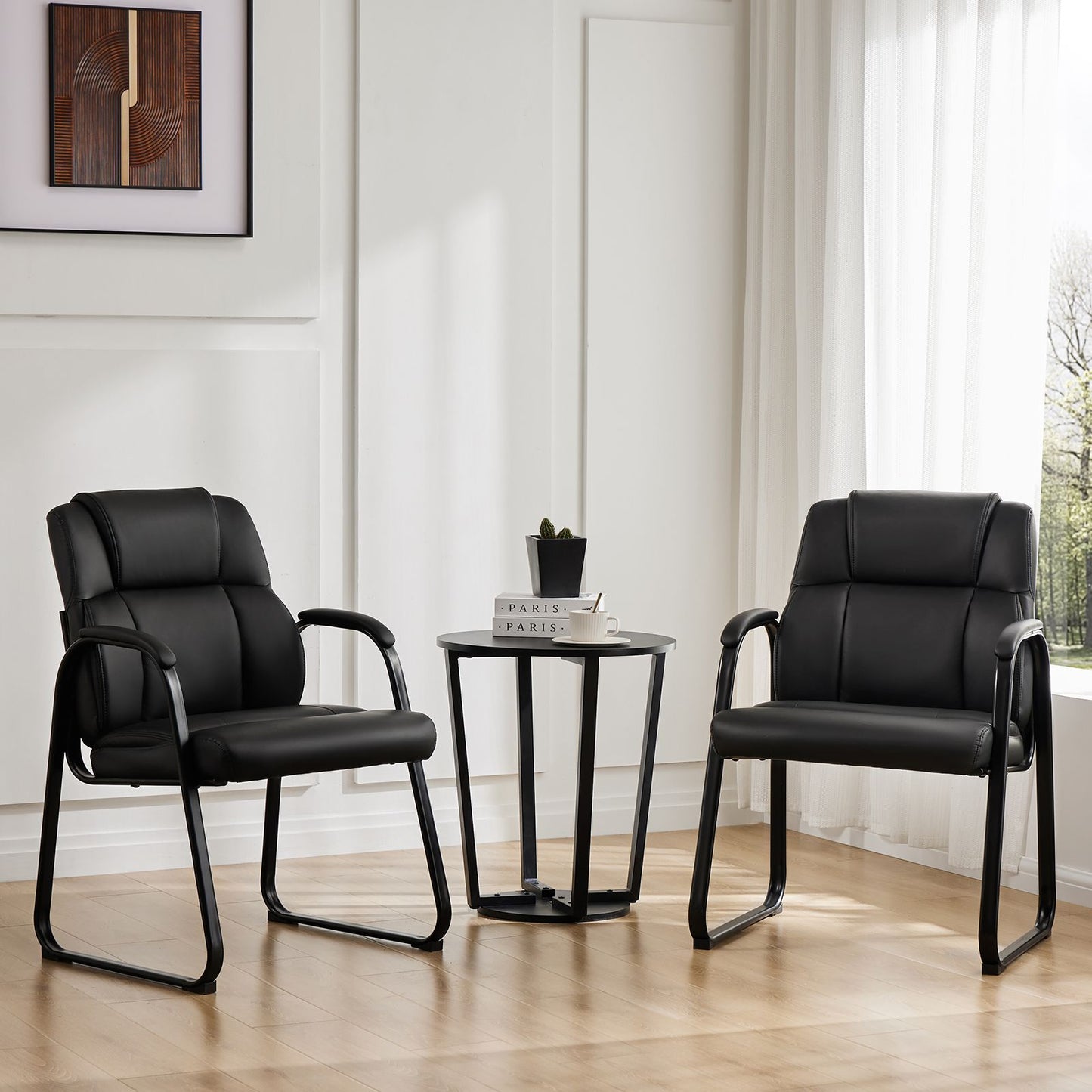 [SET OF 2] Leather Office Guest Chair No Wheels, Comfy Padded Arms and Seld Base