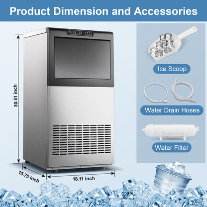 Commercial Ice Maker 100-150lbs/24H Ice Maker Machine, Auto Self-Cleaning, LED Digital Display, Blue Light, Under Counter/Freestanding Ice Machine for Home/Office/Restaurant/Bar