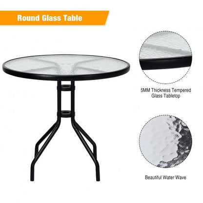 Patio Garden Round 32 Inch Tempered Glass Top Table Square Base Bracket  With Umbrella Hole