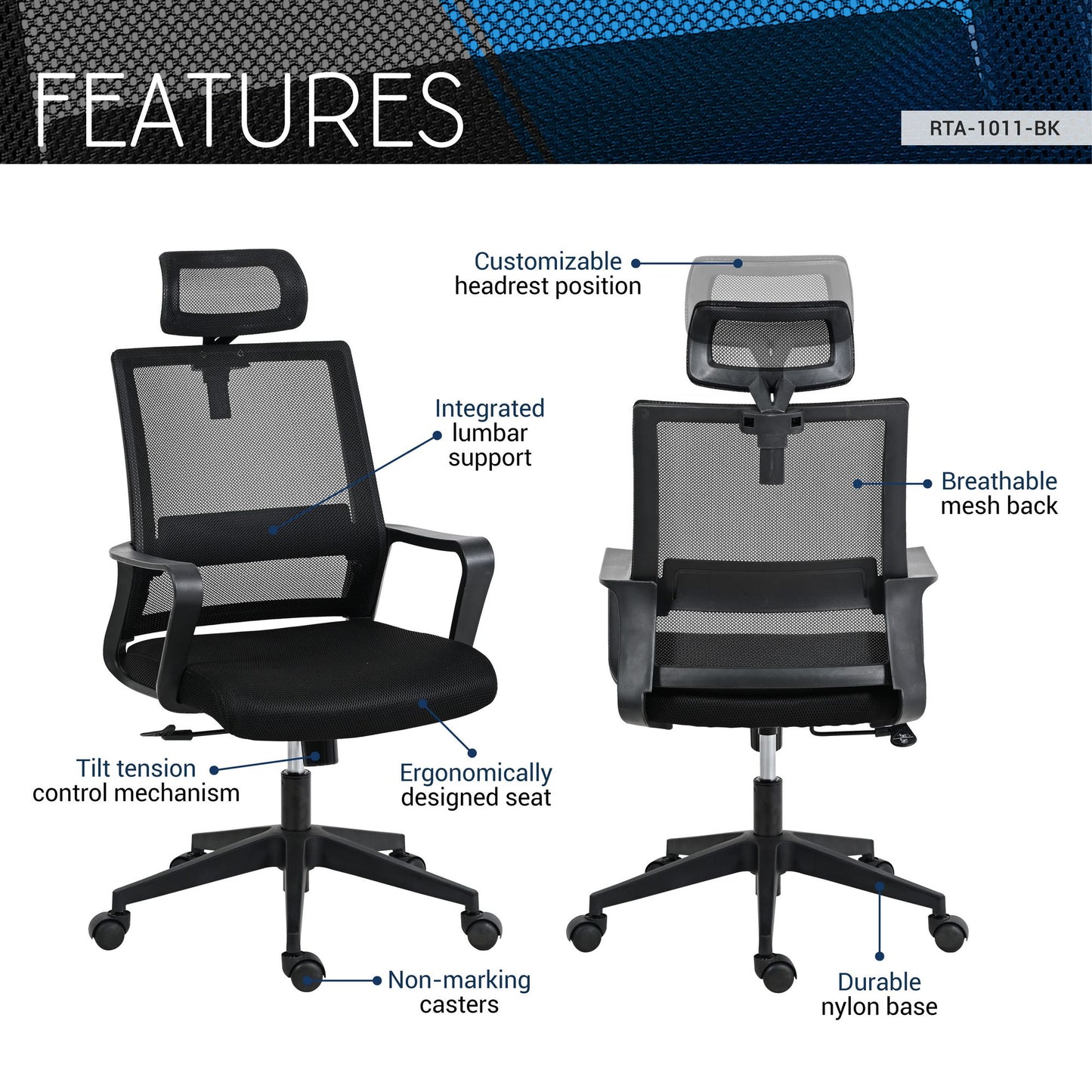 Techni Mobili Ergonomic Office Chair with Lumbar Support and Adjustable Headrest