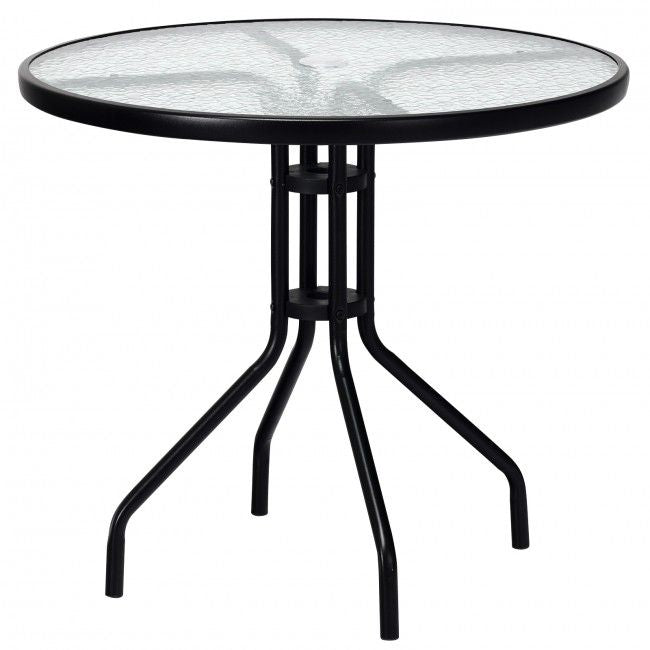 Patio Garden Round 32 Inch Tempered Glass Top Table Square Base Bracket  With Umbrella Hole