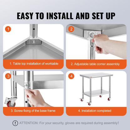 VEVOR Stainless Steel Work Table 36x24 Inch with 4 Wheels Commercial Food Prep Worktable with Casters