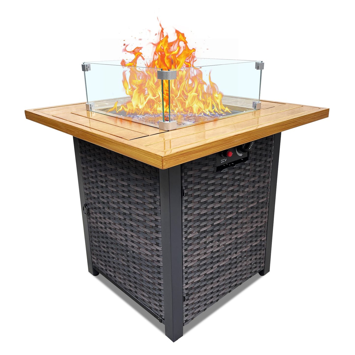 Outdoor Fire Pit 50,000 BTU Propane Gas Fire Table with Lid Fireplace with Glass Wind Guard Wicker Base for Garden, Patio, Backyard