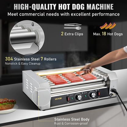 VEVOR Hot Dog Roller, 18 Hot Dog Capacity 7 Rollers, 1050W Stainless Steel