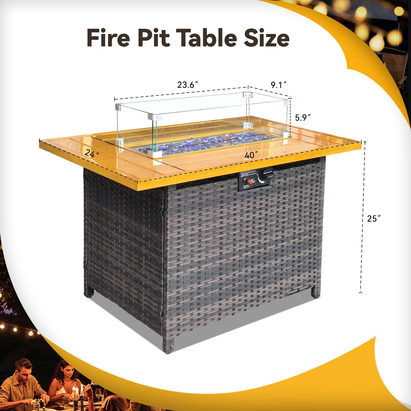 Outdoor Fire Pit 50,000 BTU Propane Gas Fire Table with Lid Fireplace with Glass Wind Guard Wicker Base for Garden, Patio, Backyard