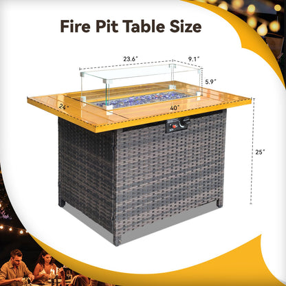 Outdoor Fire Pit 50,000 BTU Propane Gas Fire Table with Lid Fireplace with Glass Wind Guard Wicker Base for Garden, Patio, Backyard