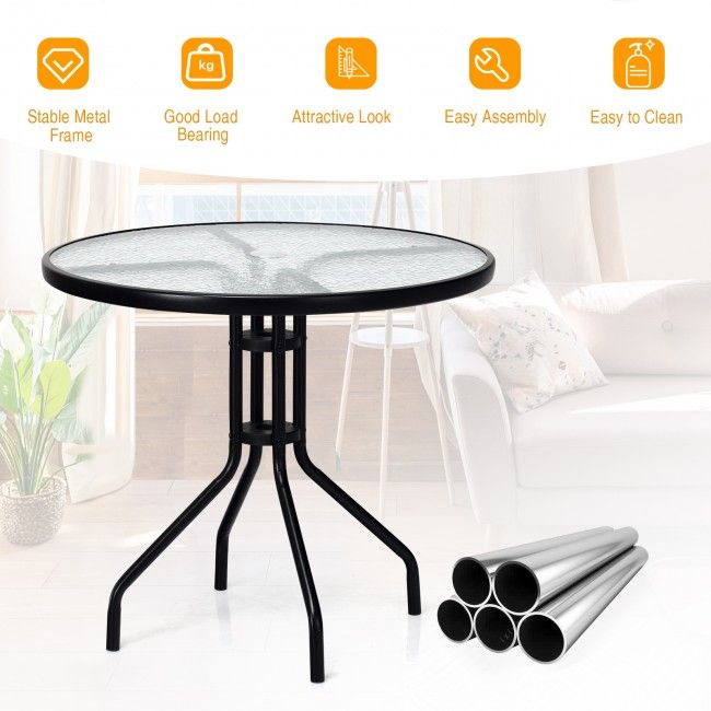 Patio Garden Round 32 Inch Tempered Glass Top Table Square Base Bracket  With Umbrella Hole