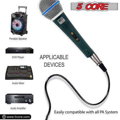 5 CORE Professional Dynamic Vocal Microphone Neodymium Cardioid Unidirectional Handheld Mic for Singing Karaoke Steel Mesh Grille Metal Body With ON Off Switch + 16ft Detachable Cable + Clip + Bag