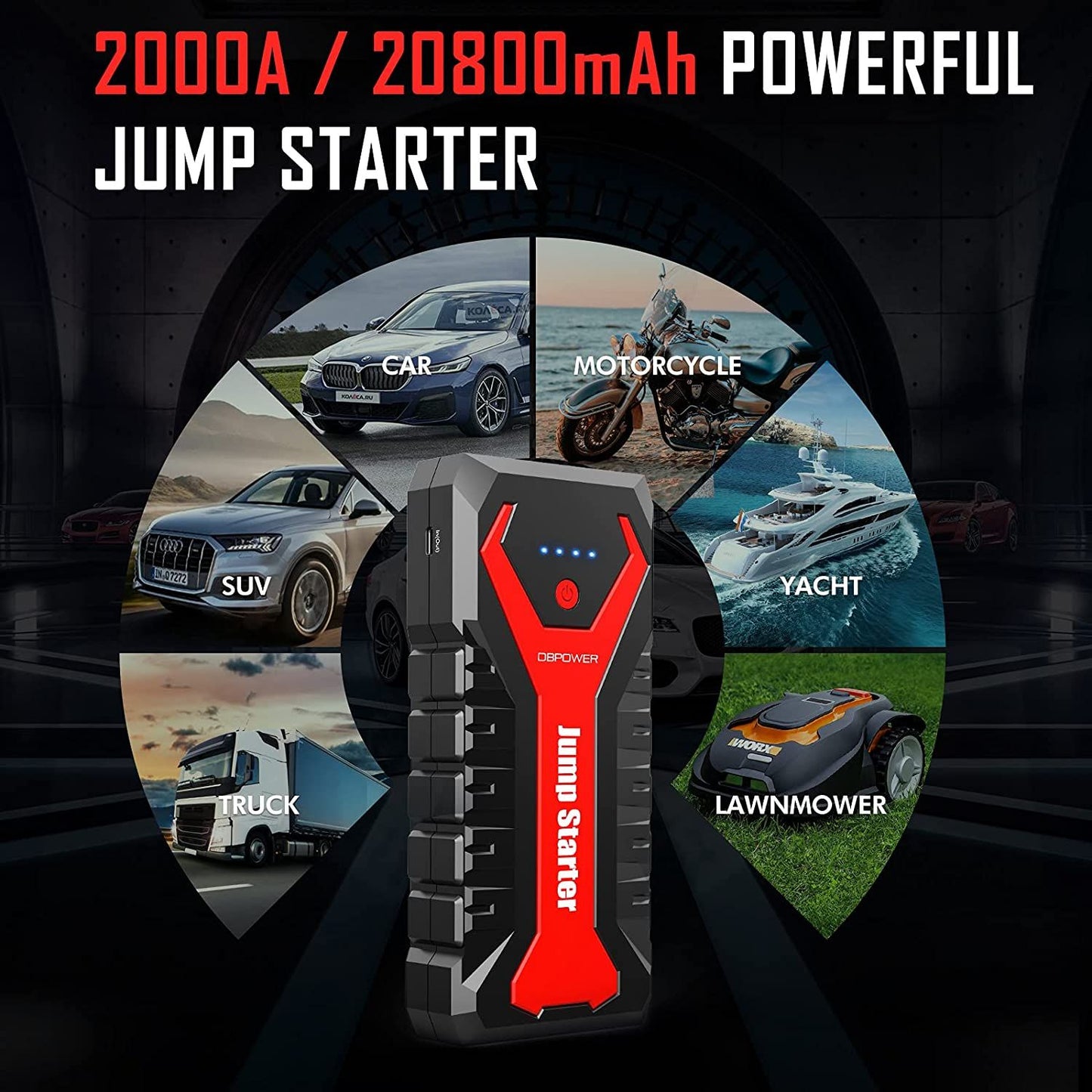 DBPOWER G16 2000A 20800mAh Portable Car Jump Starter(UP to 8.0L Gas/6.5L Diesel Engines) 12V Auto Lithium-Ion Battery Booster with Smart Clamp Cables, Quick Charge, and LED Flashlight