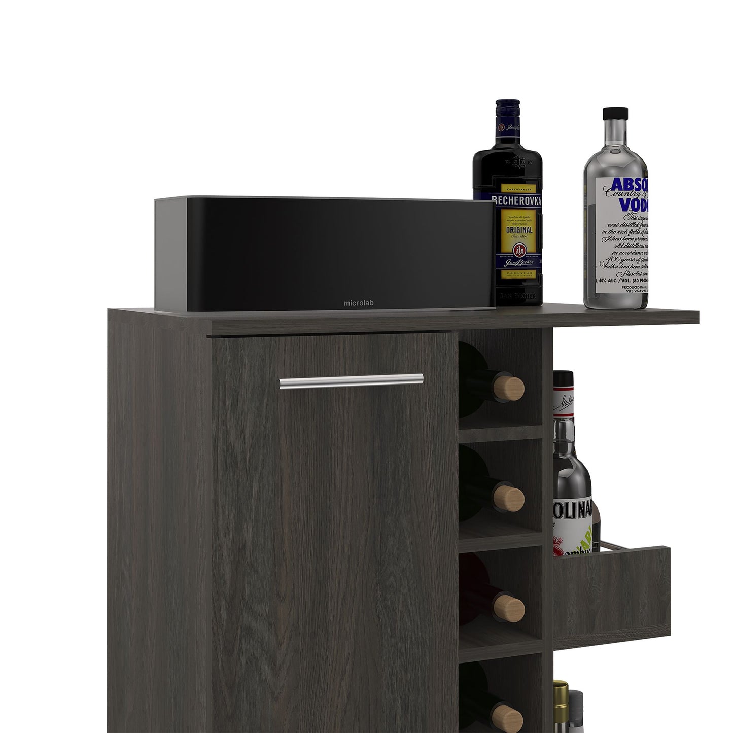 Tennessee Bar Cart, One Cabinet With Division, Six Cubbies For Liquor, Two Shelves