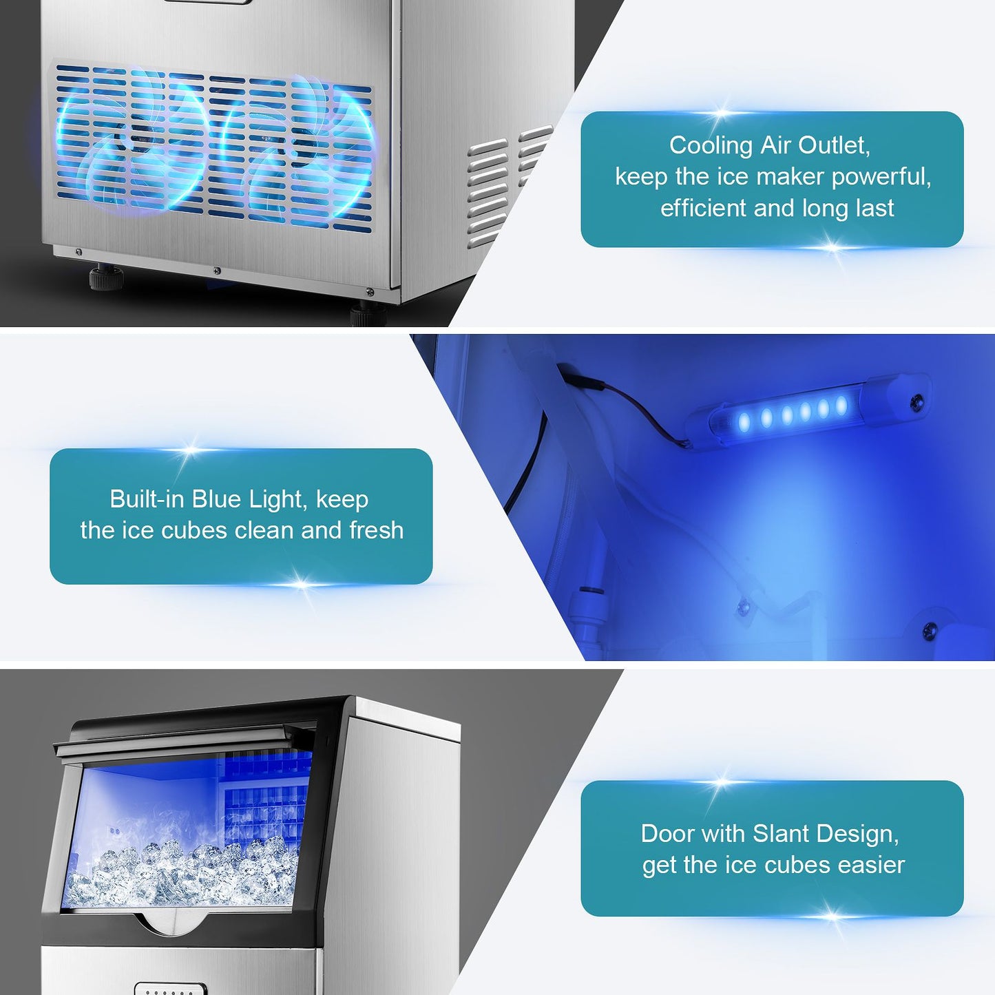 Commercial Ice Maker 100-150lbs/24H Ice Maker Machine, Auto Self-Cleaning, LED Digital Display, Blue Light, Under Counter/Freestanding Ice Machine for Home/Office/Restaurant/Bar