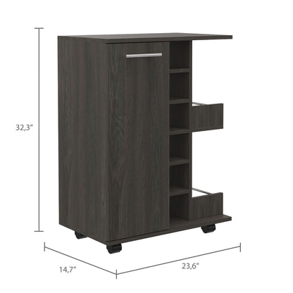 Tennessee Bar Cart, One Cabinet With Division, Six Cubbies For Liquor, Two Shelves