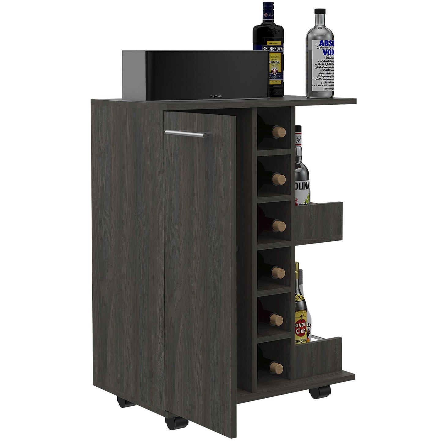 Tennessee Bar Cart, One Cabinet With Division, Six Cubbies For Liquor, Two Shelves