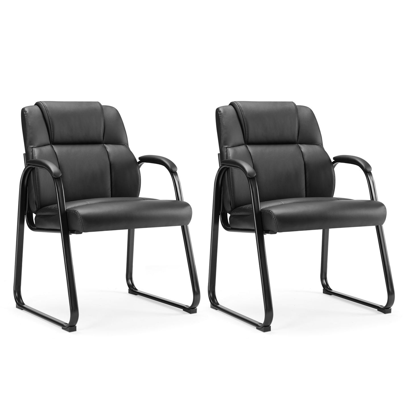 [SET OF 2] Leather Office Guest Chair No Wheels, Comfy Padded Arms and Seld Base