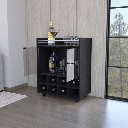 Minneapolis Bar Cart with Integrated 8-Bottle Rack, Glass Encased Cabinet and Aluminum Bar Top