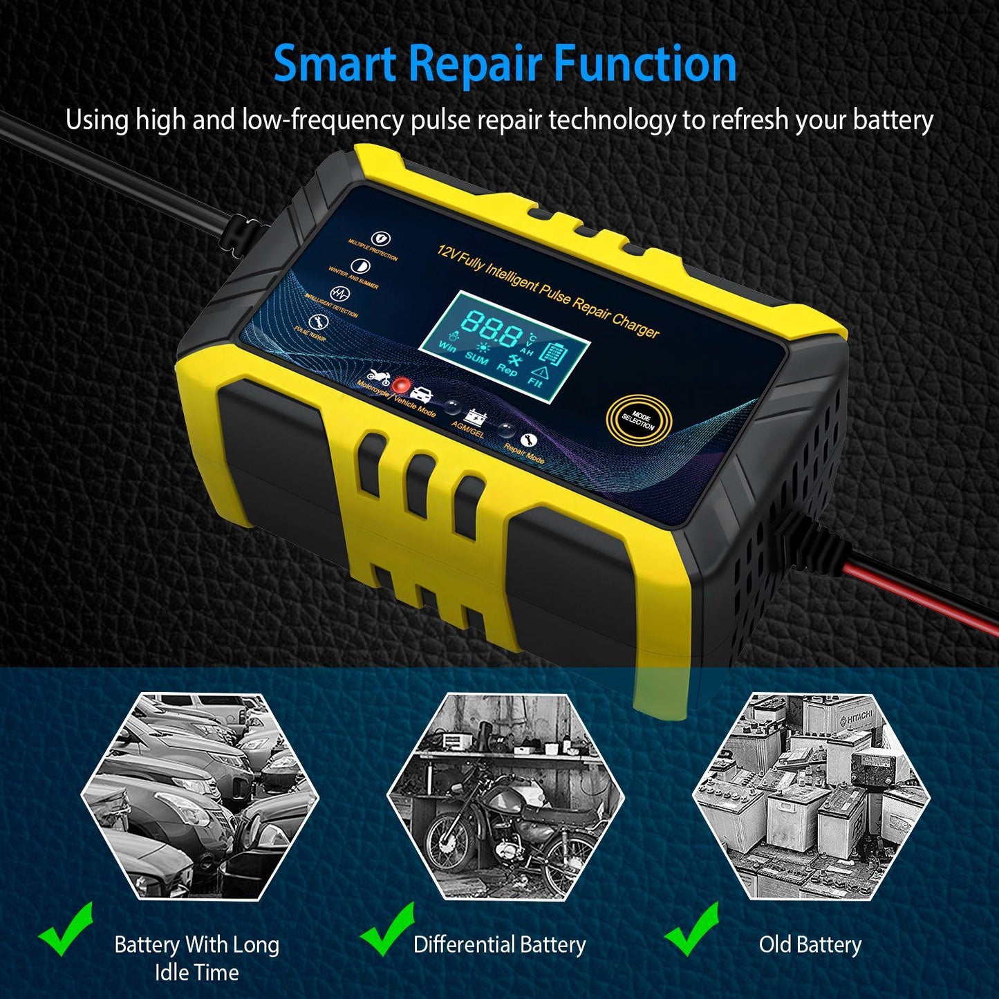 Car Battery Charger 12V/6A Smart Automatic Battery Charger Pulse Repair Battery Charger with LCD Display for Car Truck Motorcycle RV SUV