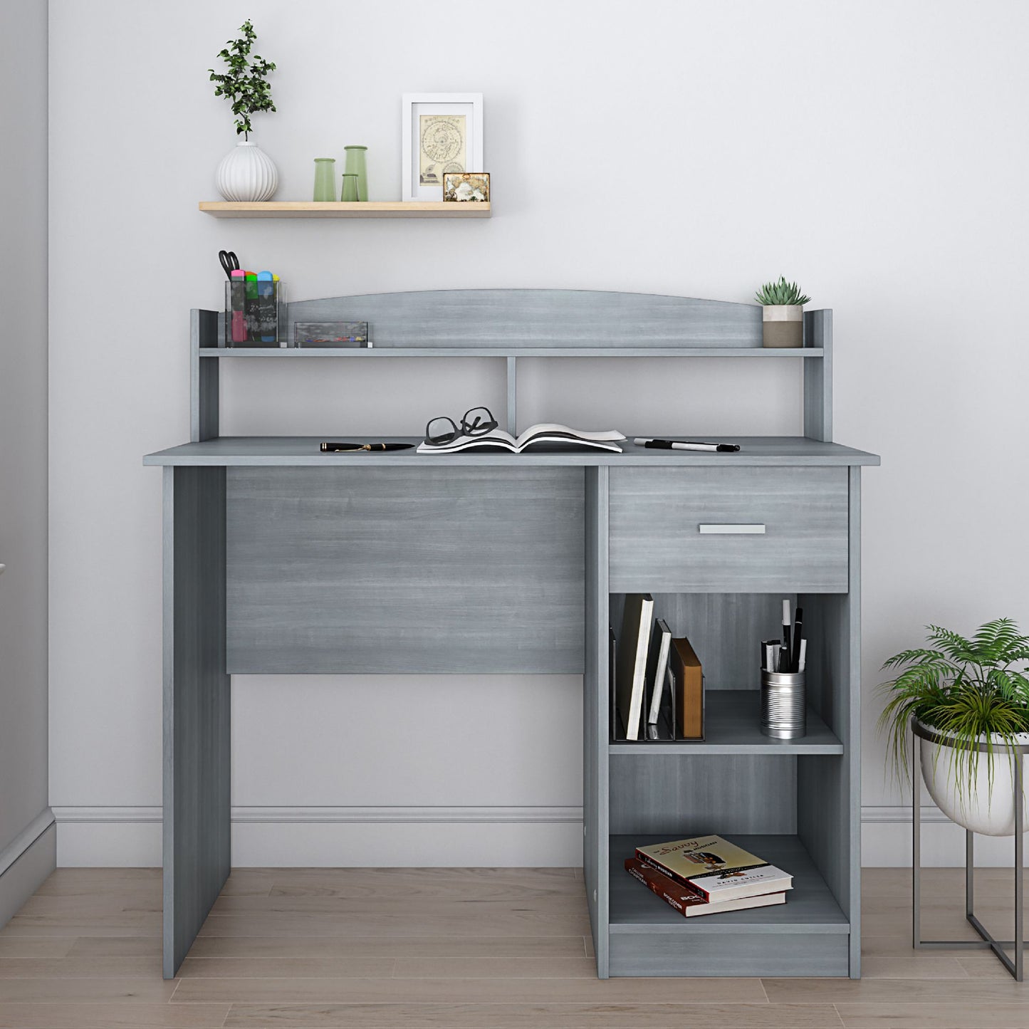 Techni Mobili Modern Office Desk with Hutch, Grey