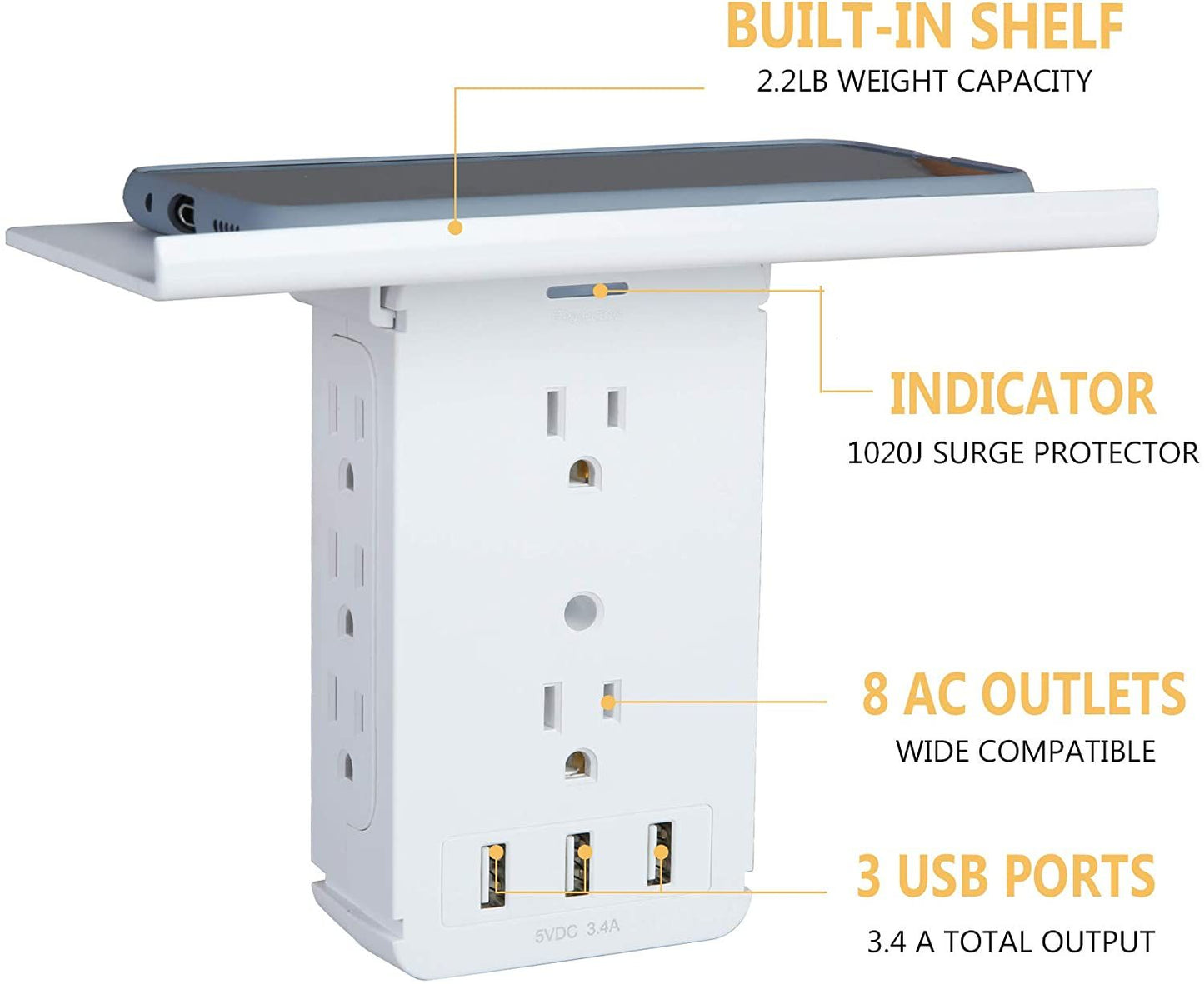 Bosonshop Wall Outlet Extender-2 Pack Surge Protector Multifunctional Outlet Wall Plug with 3 USB Ports(3.4A Total), 8 AC Outlets, Removable Outlet Shelf