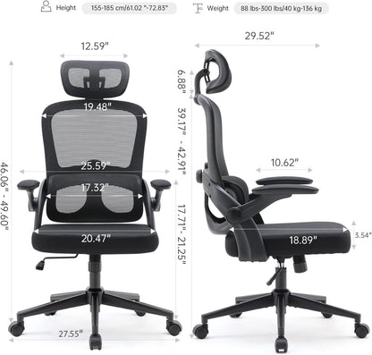 Ergonomic Mesh Office Chair, High Back Desk Chair with 3D Armrests, Up&Down Lumbar Support, Swivel Computer Task Chair with Adjustable 2D Headrest, Tilt Function Black