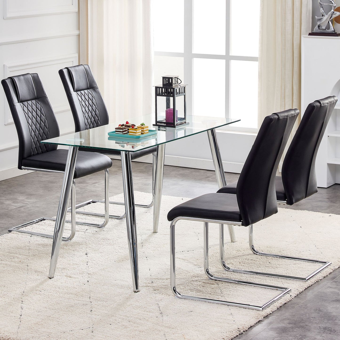 [SET OF 4] Modern Dining Chairs with Faux Leather Padded Seat