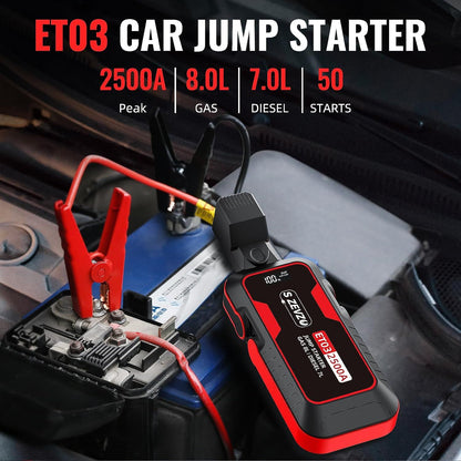 S ZEVZO ET03 Car Jump Starter 2500A Jump Starter Battery Pack for Up to 8.0L Gas and 7.0L Diesel Engines, 74Wh Portable 12V Jump Box with USB Ports, LCD Display, Storage Case, and LED Light