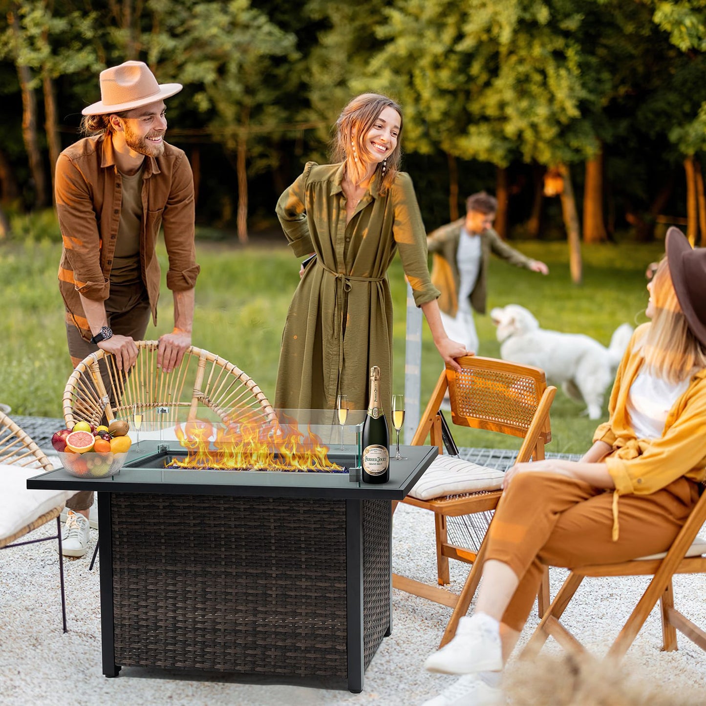 Outdoor Fire Pit 50,000 BTU Propane Gas Fire Table with Lid Fireplace with Glass Wind Guard Wicker Base for Garden, Patio, Backyard