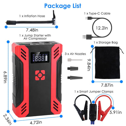 Car Jump Starter with Air Compressor Portable Car Battery Booster with Digital Tire Inflator with 2000mAh Peak Current for 12V Car 6.5L Gas or 4.0L Diesel Engines