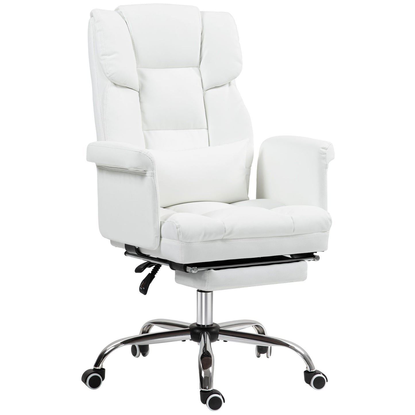 HOMCOM Executive Office Chair, PU Leather Ergonomic Office Desk Chair, Reclining and Swivel Chair with Footrest and Lumbar Support, White