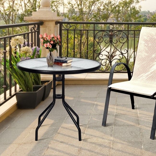 Patio Garden Round 32 Inch Tempered Glass Top Table Square Base Bracket  With Umbrella Hole