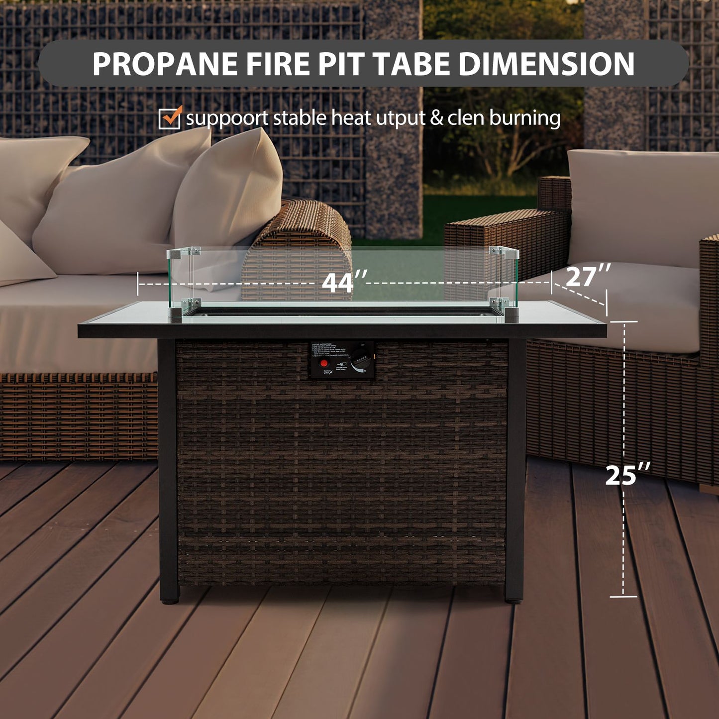 Outdoor Fire Pit 50,000 BTU Propane Gas Fire Table with Lid Fireplace with Glass Wind Guard Wicker Base for Garden, Patio, Backyard