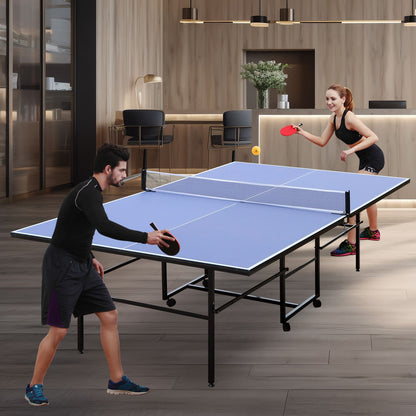 9ft Mid-Size Table Tennis Table Foldable & Portable Ping Pong Table Set for Indoor Games with Net, 2 Table Tennis Paddles and 3 Balls