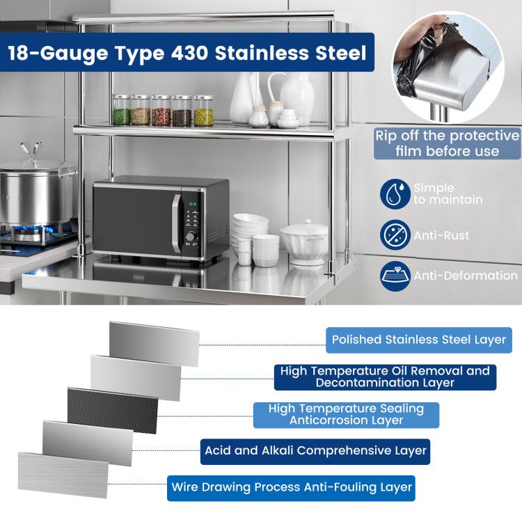 36 x 12 Inch Kitchen Stainless Steel Overshelf with Adjustable Lower Shelf