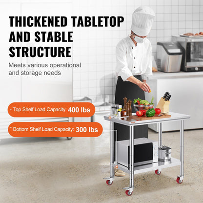 VEVOR Stainless Steel Work Table 36x24 Inch with 4 Wheels Commercial Food Prep Worktable with Casters