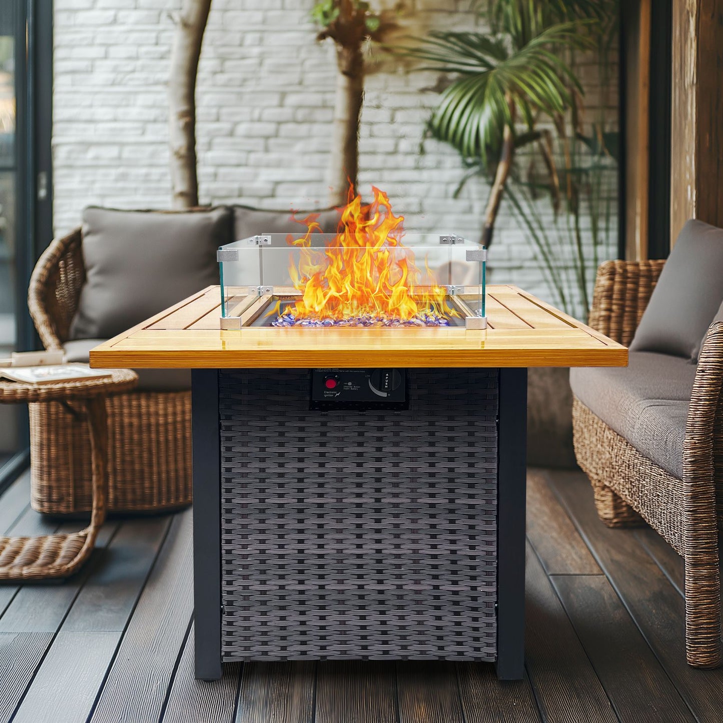 Outdoor Fire Pit 50,000 BTU Propane Gas Fire Table with Lid Fireplace with Glass Wind Guard Wicker Base for Garden, Patio, Backyard