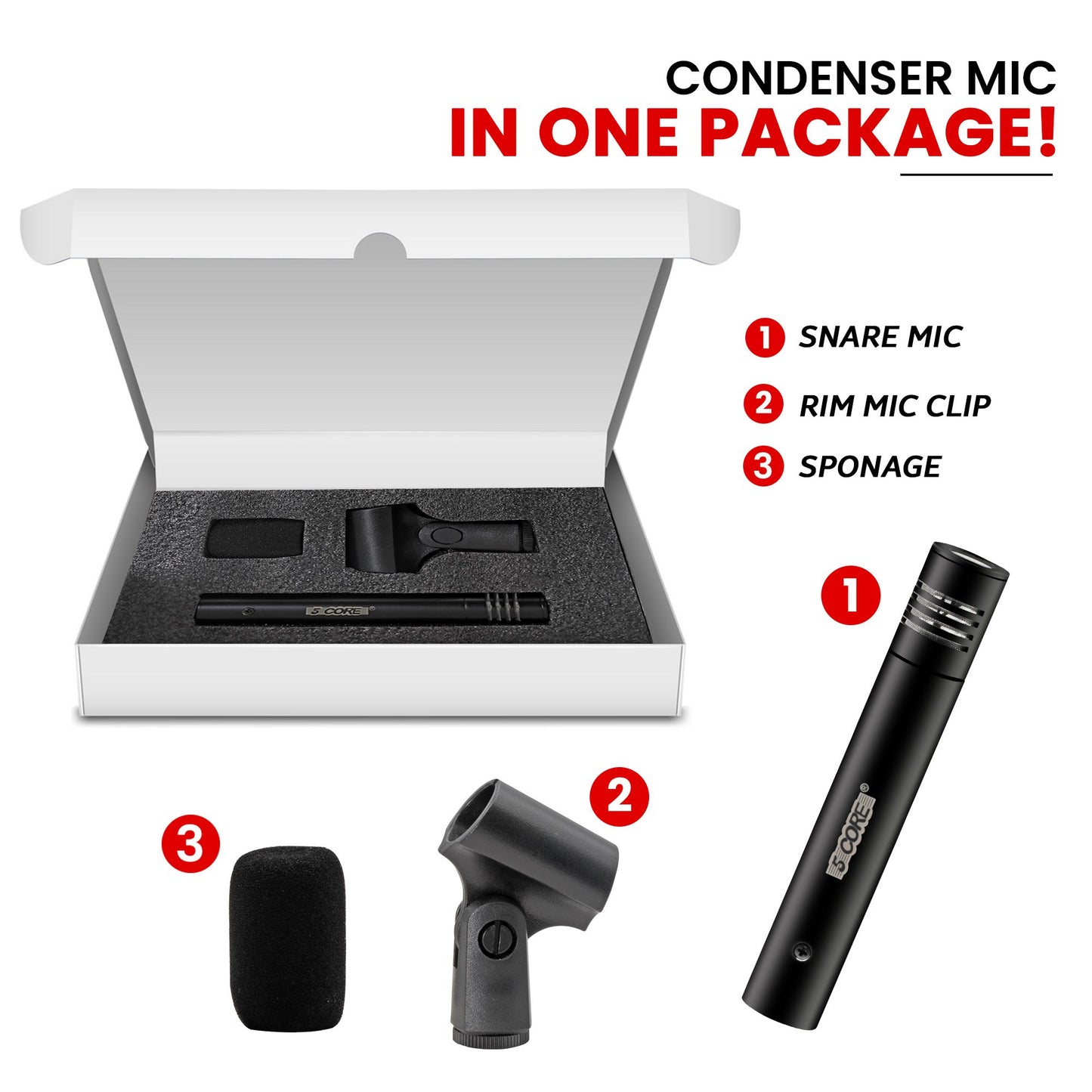 5 CORE Professional Instrument Microphone Pencil Mic Condenser Cardioid Unidirectional Stick Microfono with Windscreen Mic Clip & Case - INSTRU MIC 300 BLK