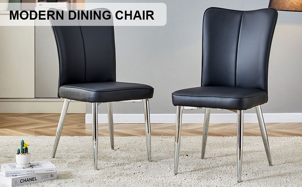 [SET OF 2] Modern Minimalist Black Dining Chairs with Curved Backrest and Cushion.