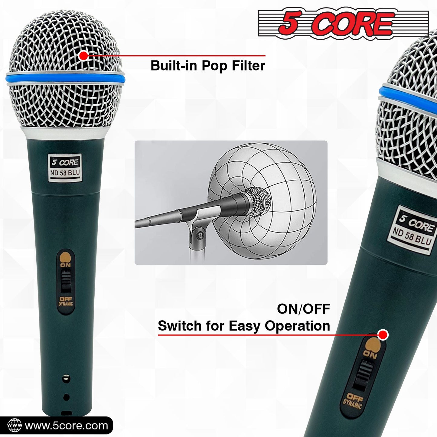 5 CORE Professional Dynamic Vocal Microphone Neodymium Cardioid Unidirectional Handheld Mic for Singing Karaoke Steel Mesh Grille Metal Body With ON Off Switch + 16ft Detachable Cable + Clip + Bag