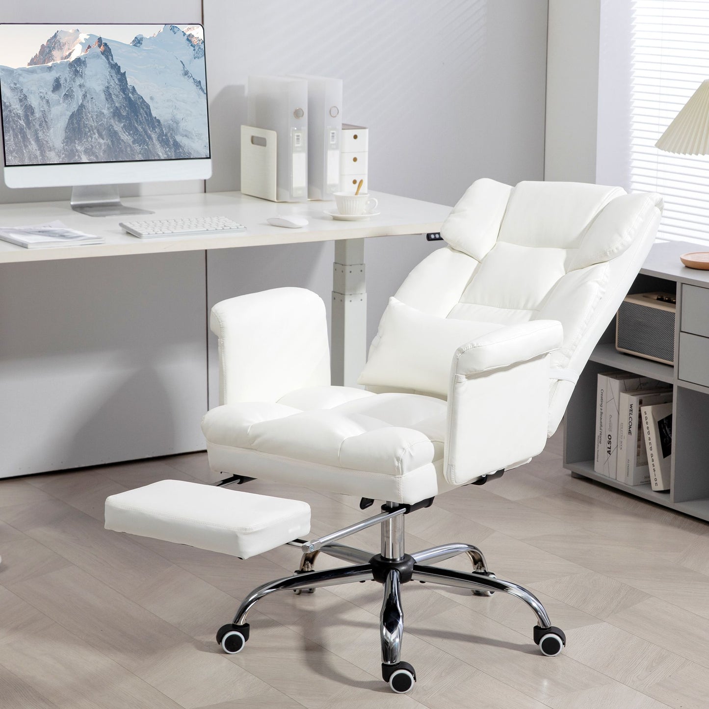 HOMCOM Executive Office Chair, PU Leather Ergonomic Office Desk Chair, Reclining and Swivel Chair with Footrest and Lumbar Support, White