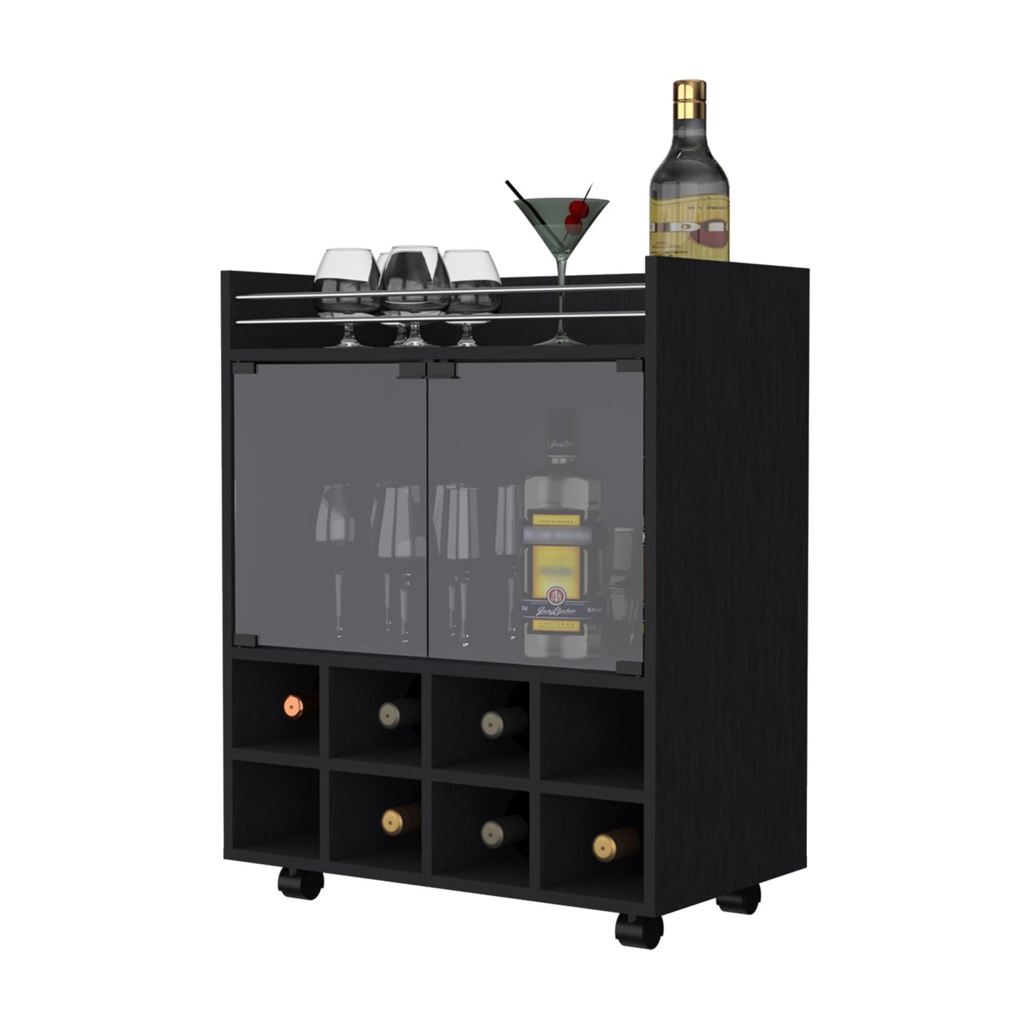 Minneapolis Bar Cart with Integrated 8-Bottle Rack, Glass Encased Cabinet and Aluminum Bar Top