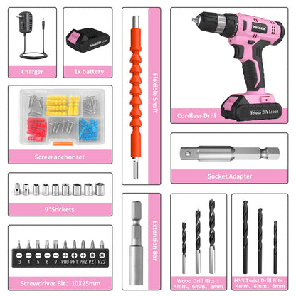 Cordless Drill Set, 20V Electric Power Drill with Battery And Charger, Pink