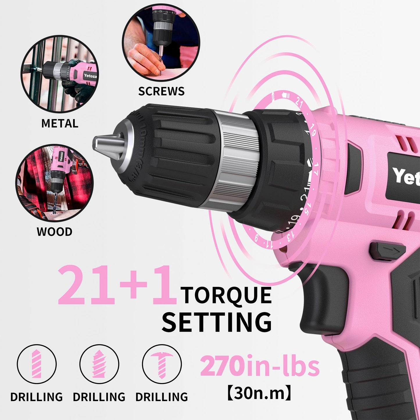 Cordless Drill Set, 20V Electric Power Drill with Battery And Charger, Pink