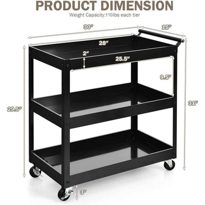 3-Tier Utility Cart with Steel Frame and Four Wheels